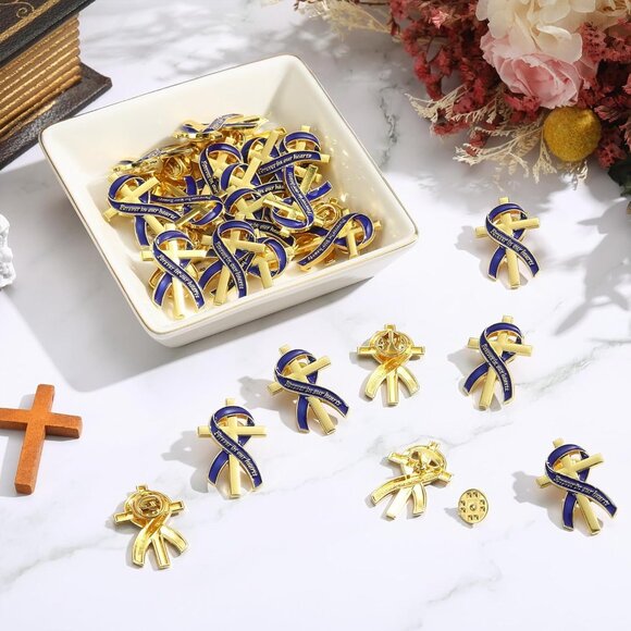 Funeral memorial lapel pins with blue ribbons, 100 pcs, durable alloy, easy butt - Picture 4 of 6